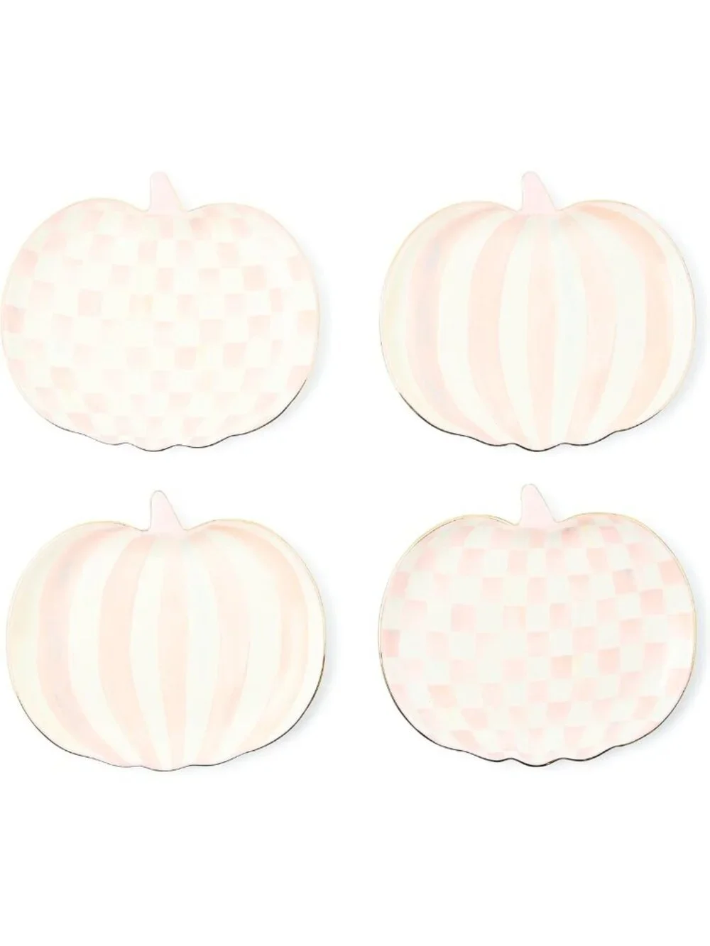 Set of 4 Decorative Ceramic Dessert Plates, Pumpkin & Pink-White Check Design